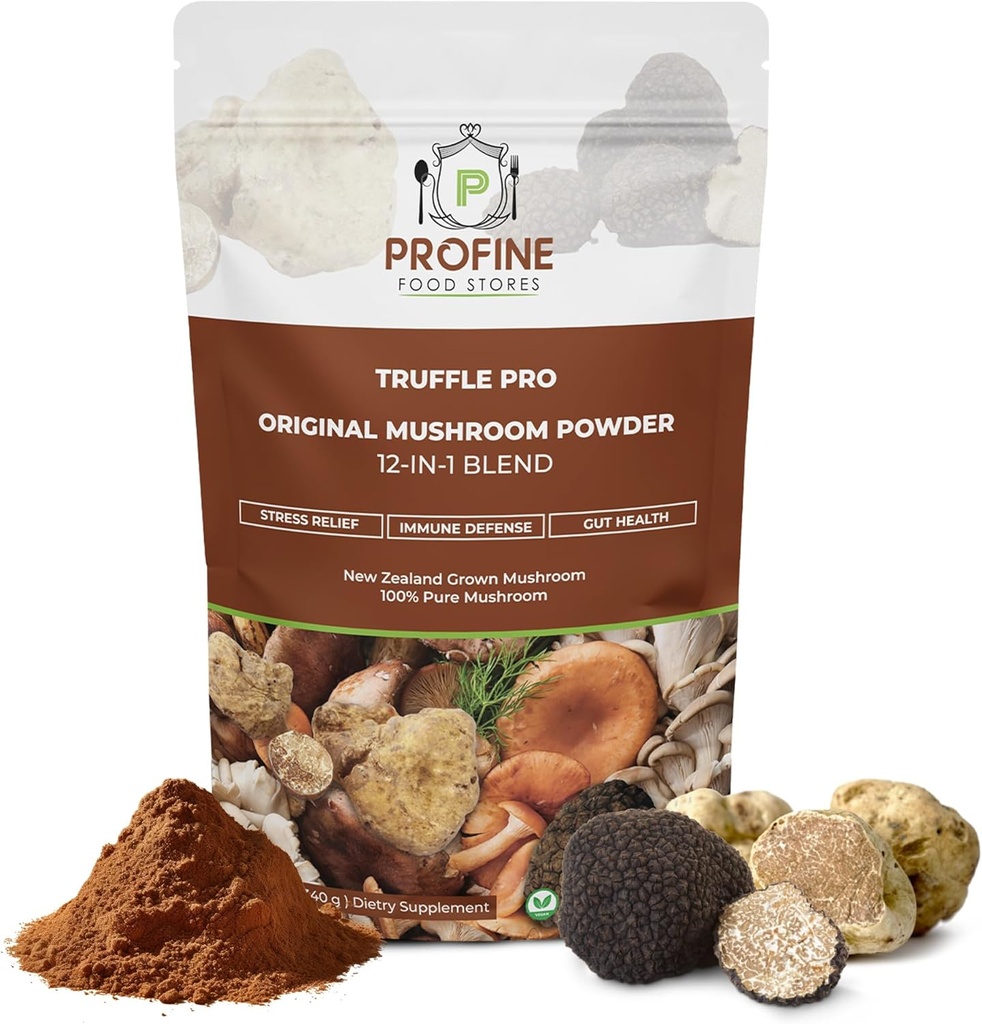 PROFINE Truffe PRO Poudre de champignons 12 po - 1 super mélange avec la truffe noire et la truffe blanche - USDA biologique - supplément - ajouter au café/thé/smoothies - champignons entiers - pas de charges