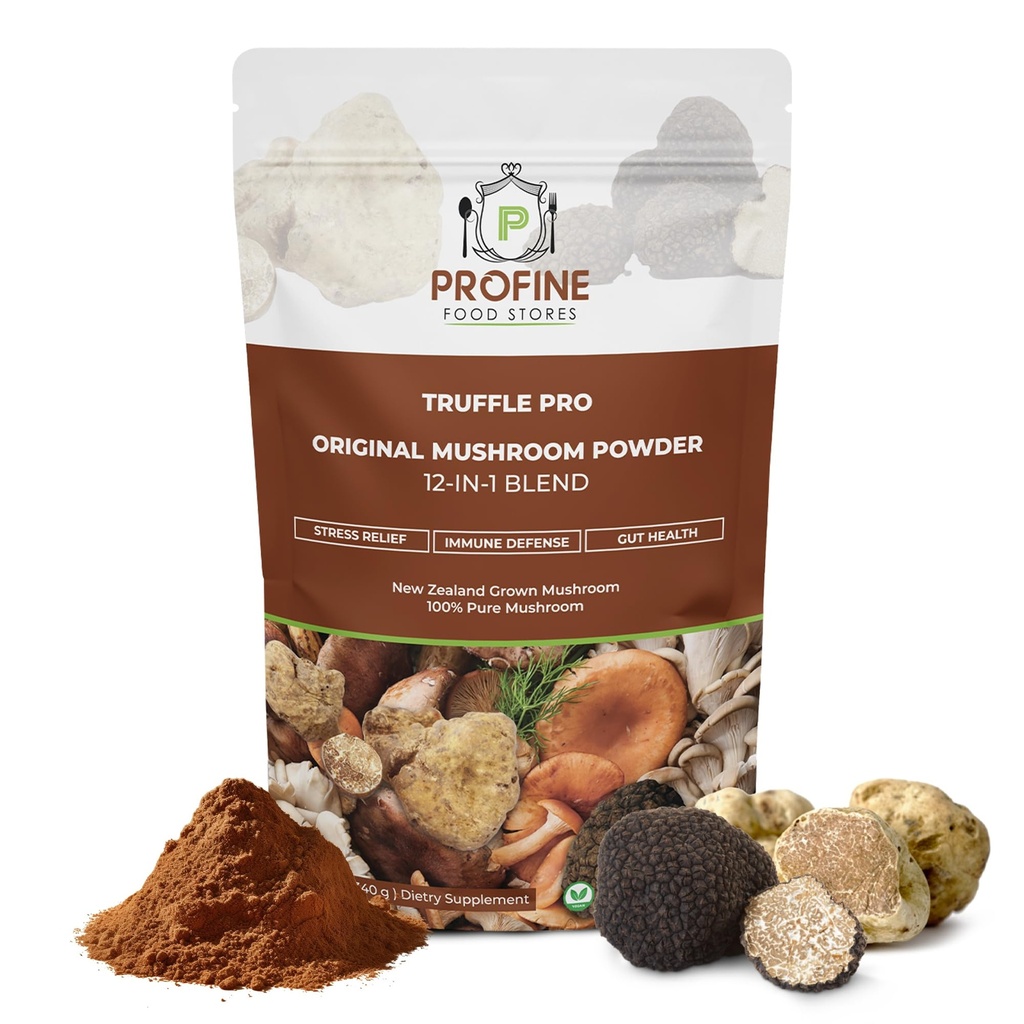 PROFINE Truffe PRO Poudre de champignons 12 po - 1 super mélange avec la truffe noire et la truffe blanche - USDA biologique - supplément - ajouter au café/thé/smoothies - champignons entiers - pas de charges