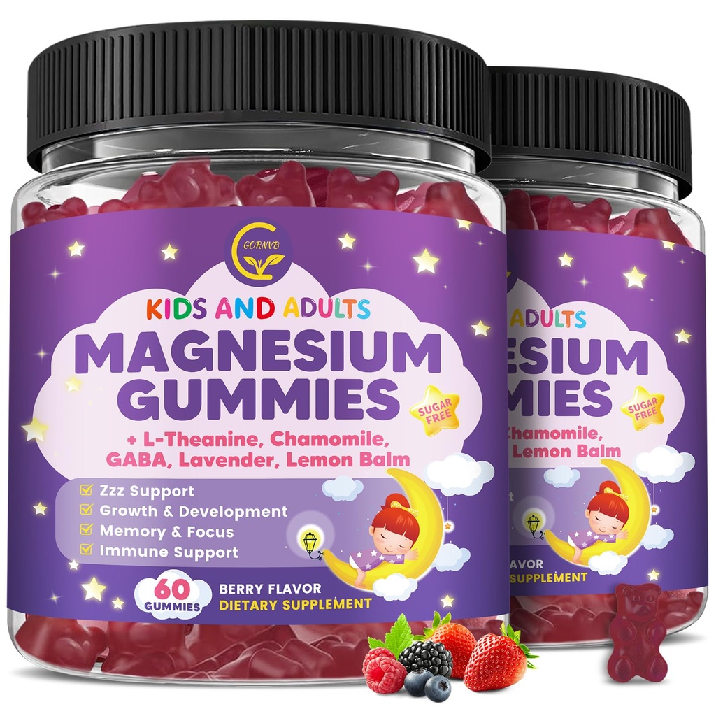 (2 Pack) Magnesium Glycinate Gummies for Kids & Adults, Sugar Free Magnesium Glycinate 400/200mg Supplement with Chamomile, Lavender, L-Theanine & GABA, B6, D3 & K2 for Relax, Brain, Immune Support