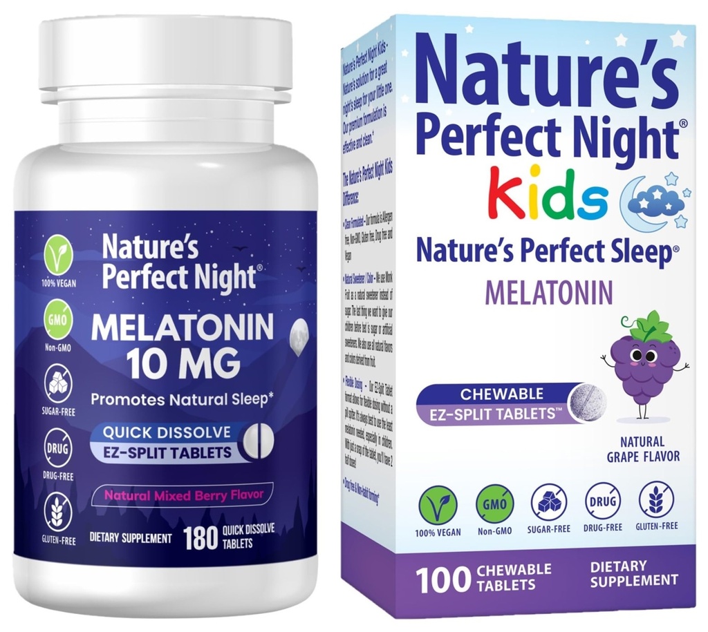 Nature's Perfect Night Bundle | Melatonin 10mg | Kids Melatonin 1mg | 180 Count | 100 Count | Sugar Free | Gluten Free | Non-GMO | Vegan