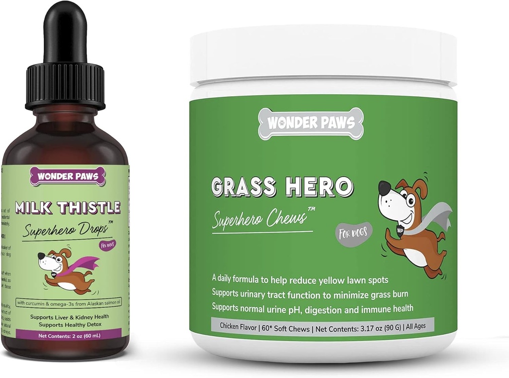 WONDER PAWS Lait Thistle Drops Plus Hero Hero Soft Chews - pour chiens Foie et soutien du rein, Detox & Urinary Tract Santé - Thistle Lait 2 Onces - Hero Hero Herb 60 Chews