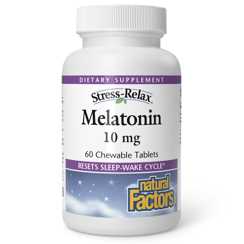 Stress-Relax Melatonine 10 mg par Facteurs Naturels, Aide Naturelle au Sommeil, Réinitialise le Cycle Sleep-Wake, 60 comprimés à croquer (60 portions), Saveur de menthe poivrée