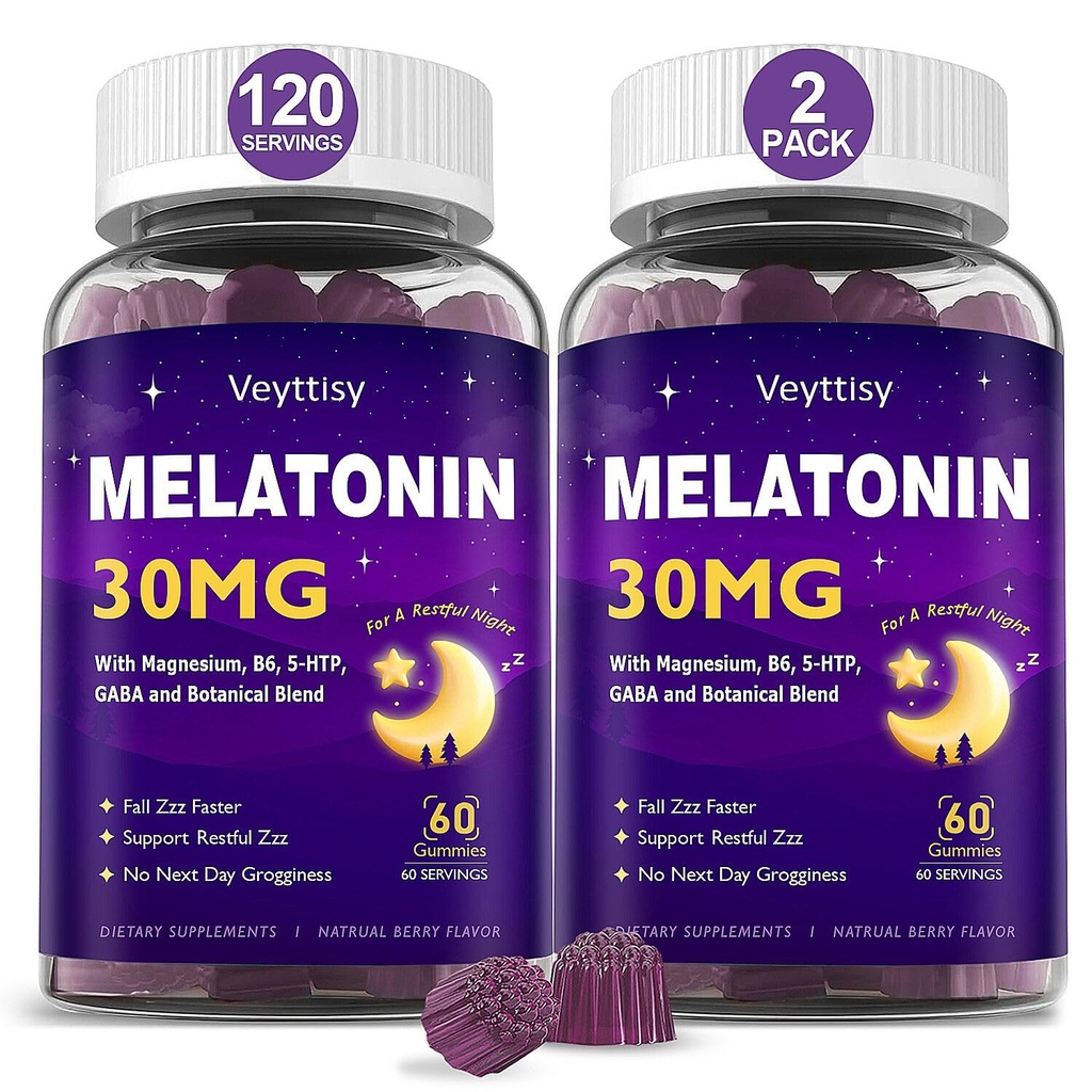 Mélatonine 30mg Gommies pour adultes - Sans sucre Gommies sans mélatonine Résistance maximale avec Magnésium, B6, GABA et mélange botanique - Non-Habit Forming,Vegan, Non OGM, Natural Mixed Berry Flavor