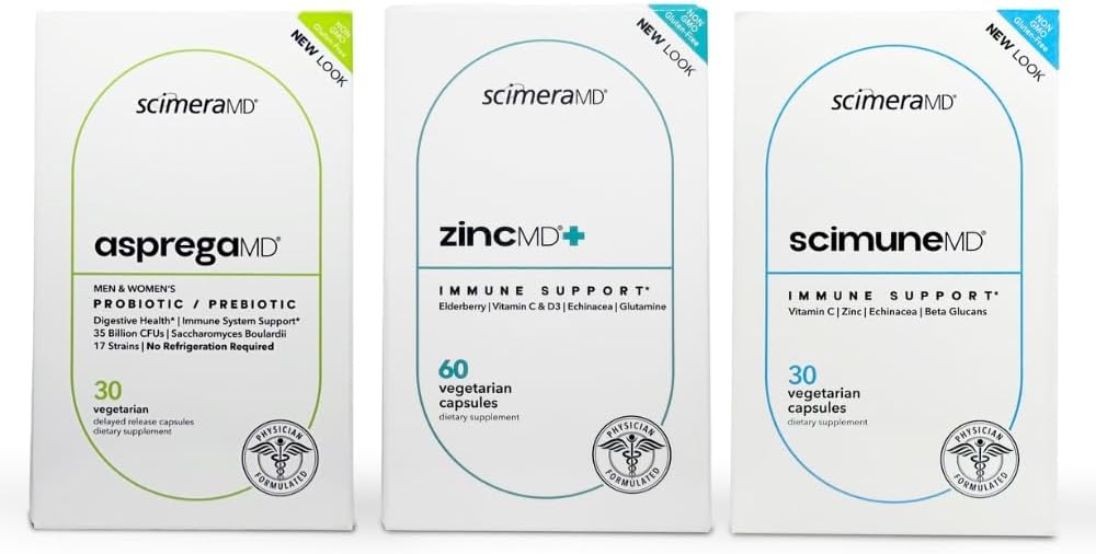 ScimeraMD® AspregaMD 30CT Probiotique + Prébiotique, ScimeraMD® ScimeraMD 30CT Immune Support et ScimeraMD® ZincMD Immune Support Supplément pour la santé digestive et le système immunitaire