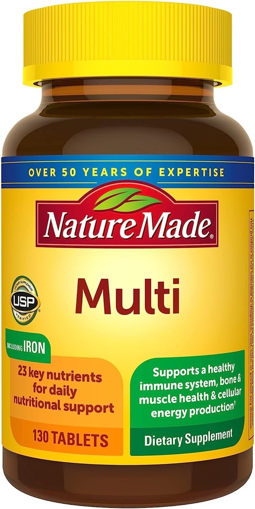 Nature Made Multivitamin Tablets with Iron, Multivitamin for Women and Men for Daily Nutritional Support, 130 Tablets