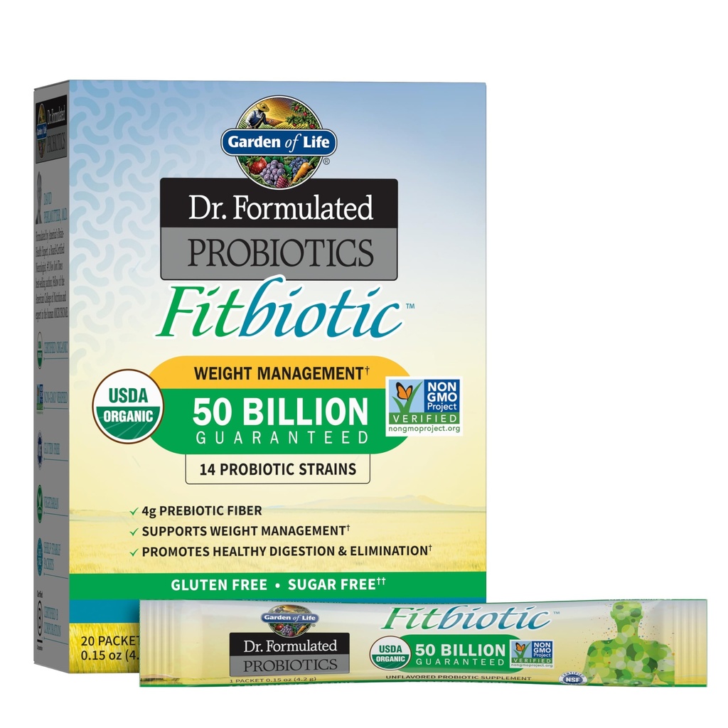 Jardin de la vie Dr Probiotiques Formulés Fitbiotic Weight Management Poudre, 50 Million CFU et prébiotique Fibre, Organique et non-OGM Supplément probiotique pour la santé Gut, 20 portions simples