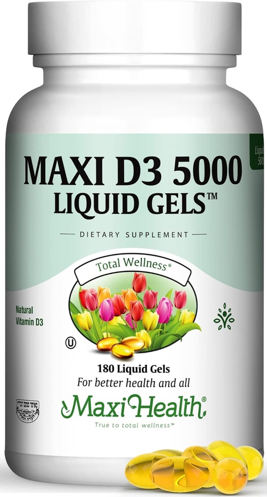 Maxi Health D3 5000 Gels liquides - Vitamine naturelle D3 - Supplément nutritionnel - 180 Capsules - Casher