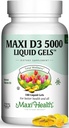 Maxi Health D3 5000 Liquid Gels - Natural Vitamin D3 - Nutrition Supplement - 180 Capsules - Kosher