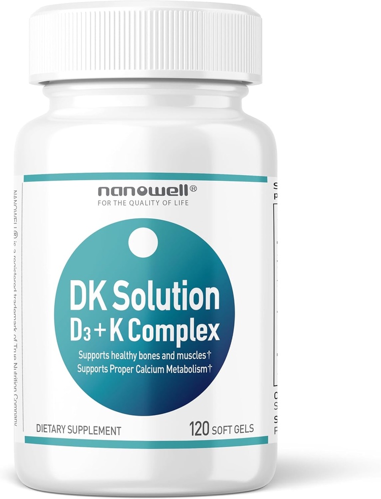 NANOWELL DK Solution Vitamine D3 2000 UI (50 mcg) + Complexe K - Supplément diététique pour le soutien de la santé osseux, musculaire et immunitaire - 120 Softgels, 120 jours