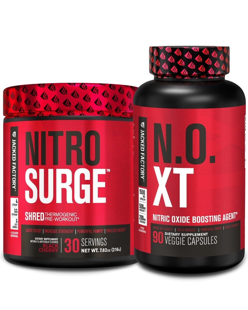 Jacked Factory Nitrosurge Shred Thermogenic Pre-Workout in Black Cherry & N.O. XT Nitric Oxide Booster for Men & Women