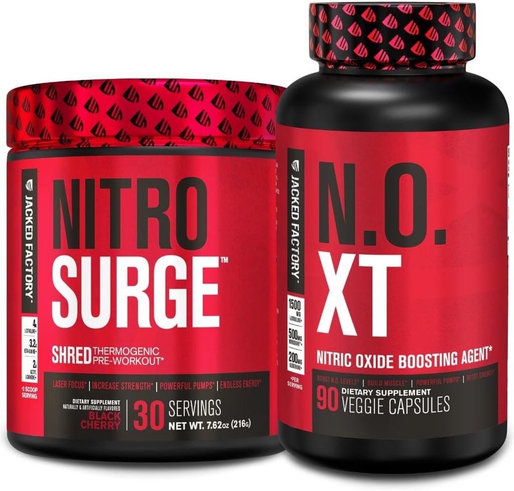 Usine Jacked Nitrosurge Pré-entraînement thermogénique Shred en cerise noire & N.O. XT Booster d'oxyde nitrique pour hommes et femmes