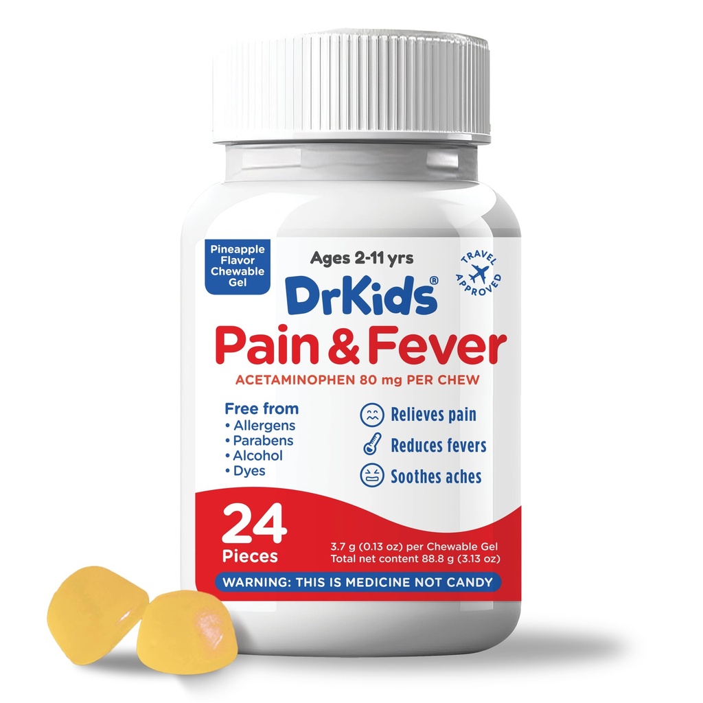 Dr. Kids Children’s Pain and Fever Chewable Gels – Pain Relief and Fever Reducer for Kids Ages 2–11, 80 mg Chewable Acetaminophen for Headache, Sore Throat, Cold & Flu, Pineapple Flavor, 24 Count
