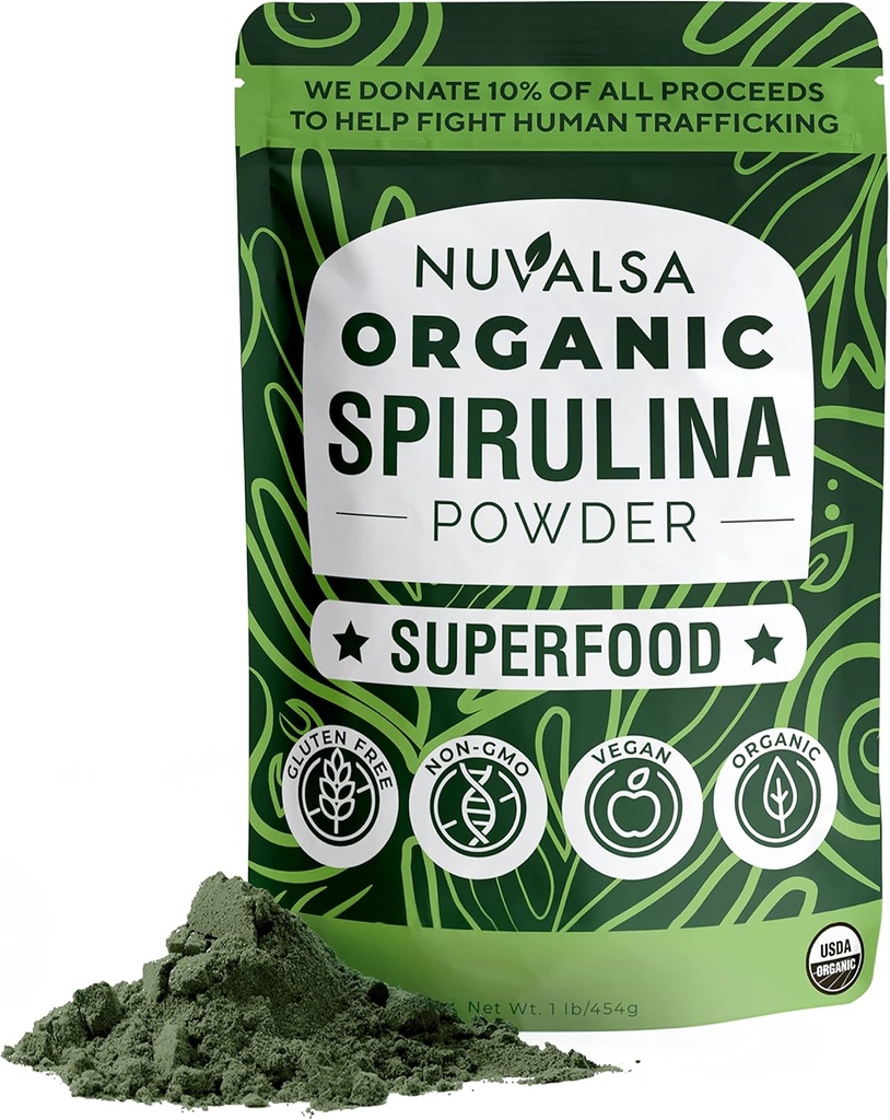 Poudre de spiruline biologique Nuvalsa 1 lb – Supplément 100% Pure Superfood de Blue Green Algae Non OGM pour boisson de smoothie et protéines, Vegan & USDA certifié biologique - 100 portions