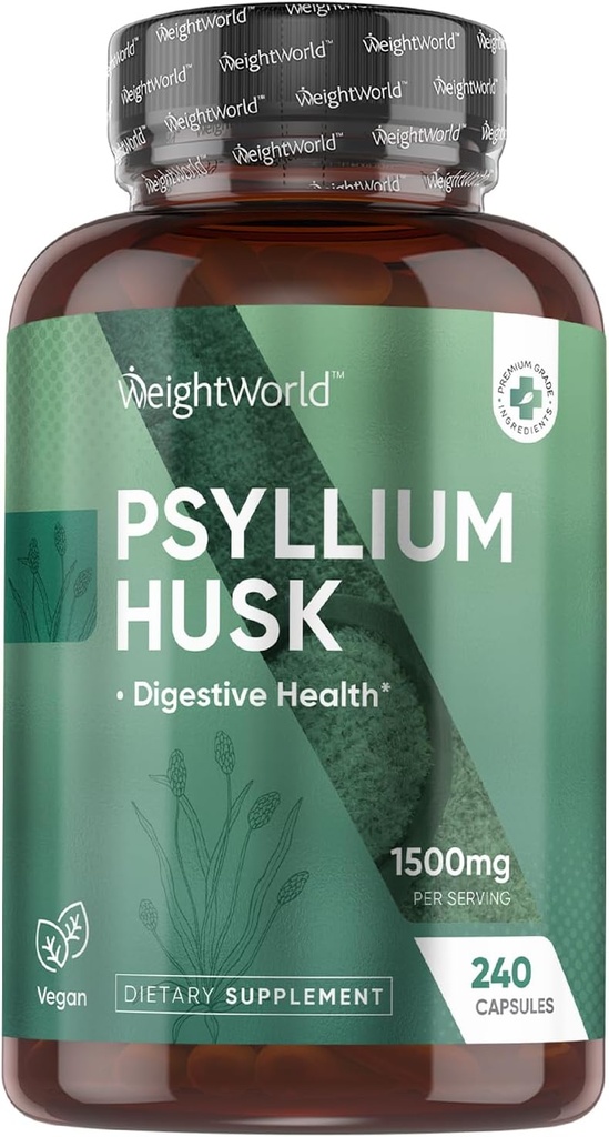 WeightWorld Psyllium Husk Capsules 1500mg par portion, 240 Capsules Vegan - 4 mois d'approvisionnement - pour la santé digestive - Supplément quotidien en fibre de musc de Psyllium - Non-OGM, GMP-Approuvé, et sans allergène