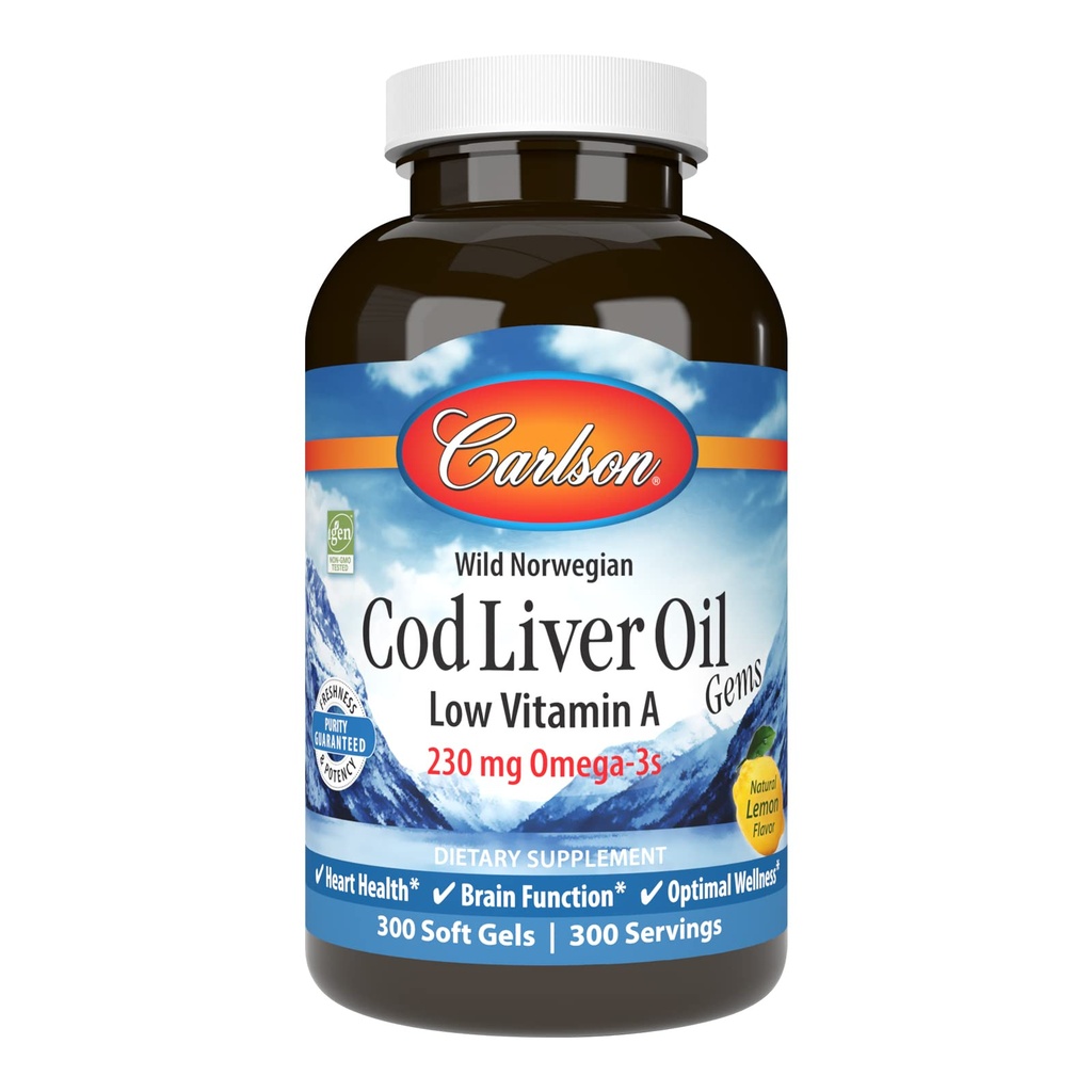 Carlson - Cod Liver Oil Gems, Low Vitamin A, 230 mg Omega-3s, Norwegian, Wild Caught, Sustainably Sourced, 300 Softgels