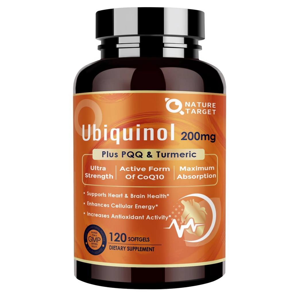 NATURE TARGET Ubiquinol CoQ10 200mg softgels avec PQQ & Turmeric, supplément haute absorption Coenzyme Q10 avec ALA et poivre noir, antioxydant pour la santé du coeur et du cerveau, production d'énergie, 120 Compte