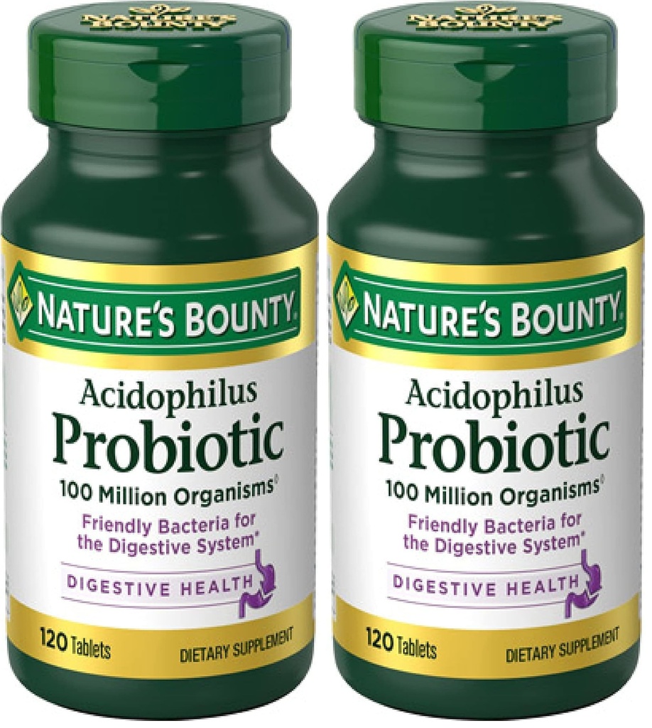 Nature's Bounty Lactobacillus Acidophilus Probiotic Supplement - Probiotique quotidien pour la santé des femmes et des hommes digestifs, 100 millions d'organismes, végétariens,1 portion par jour,120 comprimés,(paquet de 2)