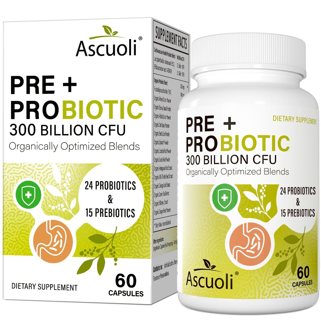 Probiotiques d'Ascuoli pour les femmes et les hommes - 300 milliards d'UFC, 24 souches Probiotiques + 15 mélanges d'herbes biologiques, probiotique quotidien pour la santé digestive, immunitaire, gorgée, ballonnement - 60 gélules