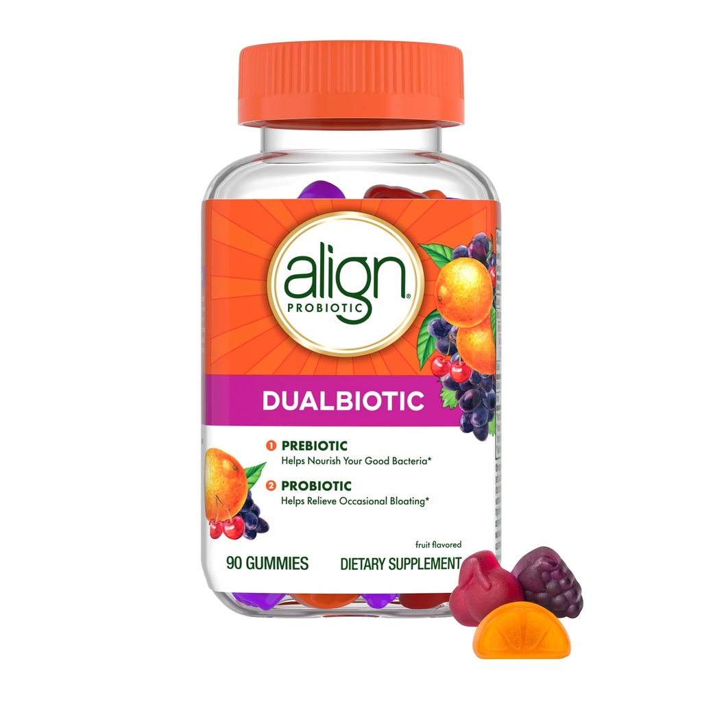 Alignez Dualbiotique, Prébiotiques et Probiotiques pour les femmes et les hommes, Probiotiques pour la santé digestive, Prébiotiques aident à Nourish Bon Bactéries, Fruits naturels, 90 Gommies Probiotiques (paquetage mai Vary)