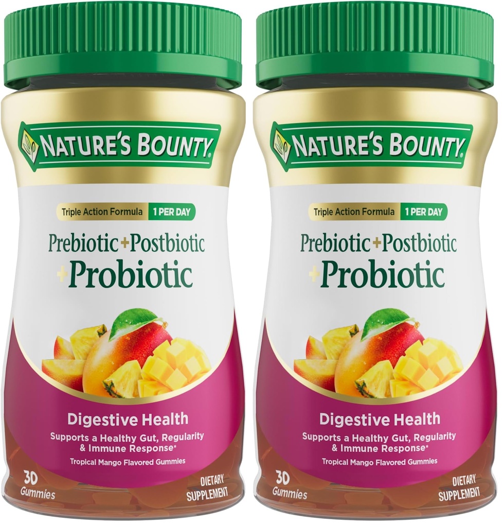 Natures Bounty Pre + Pro + Gommies postbiotiques pour la santé digestive, Immune Support - Gummes probiotiques pour la santé de Gut, Mango Flamvor Tropical, 30 Ct (paquet de 2)