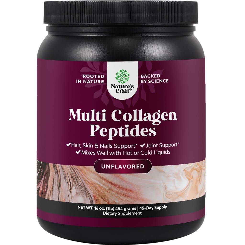Natures Craft Multi Collagen Protein Powder for Women and Men - Keto Hydrolyzed Collagen Peptides 45 portions Peau de cheveux et ongles Vitamines - Bovine de type 1 3 non aromatisé pour le soutien des articulations osseuses