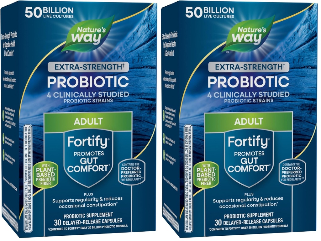 Nature's Way Extra Strength(1) Fortify Probiotics,Probiotiques pour la santé digestive,Prebiotics,50 milliards de cultures vivantes,Digestive & Immune Health Support*,30 capsules,(Pack of 2)