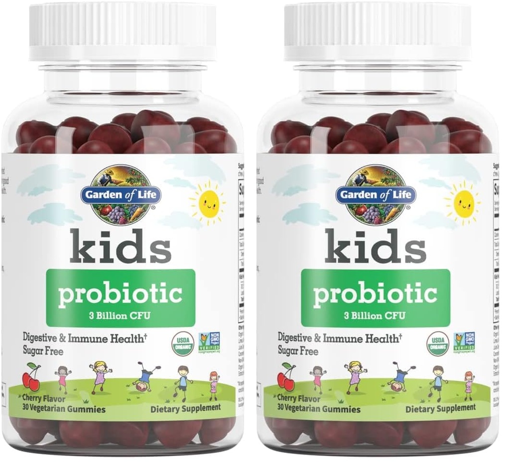 Jardin de la vie Enfants Probiotique 3 Million UFC, Gummées cerises parfumées - Probiotiques une fois par jour sans sucre pour les enfants, santé des enfants digestifs et immunitaires, 30 Gummées végétariennes, (paquet de 2)