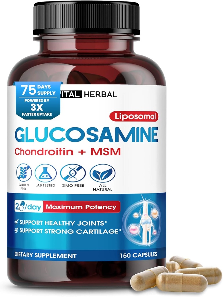 VITAL HERBAL Glucosamine liposomique avec Chondroïtine, MSM- Puissance maximale- Joints de soutien, Cartilage- Fabriqué aux États-Unis