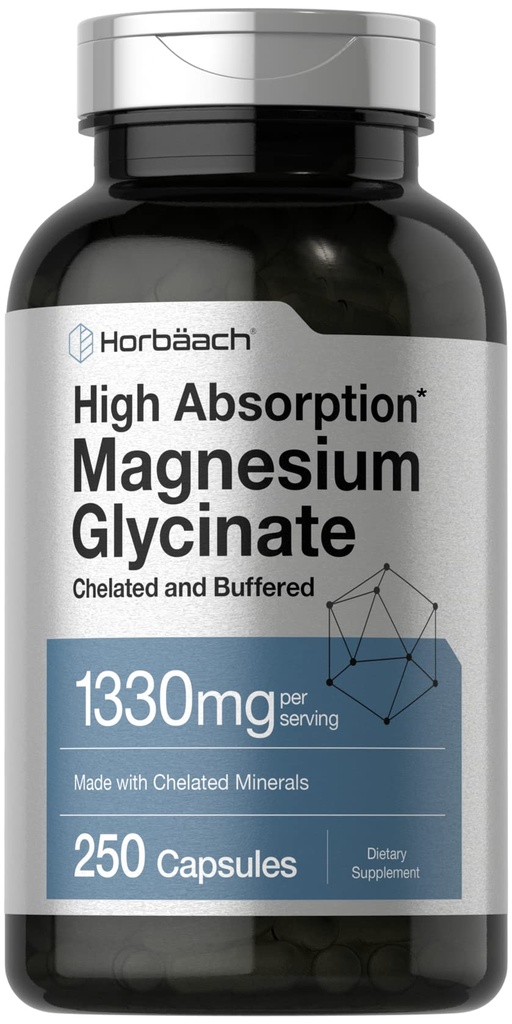 Horbaach Magnesium Glycinate 1330mg | 250 Capsules | Buffered with Chelated Minerals | 240 mg per Serving | Non-GMO, Gluten Free Supplement