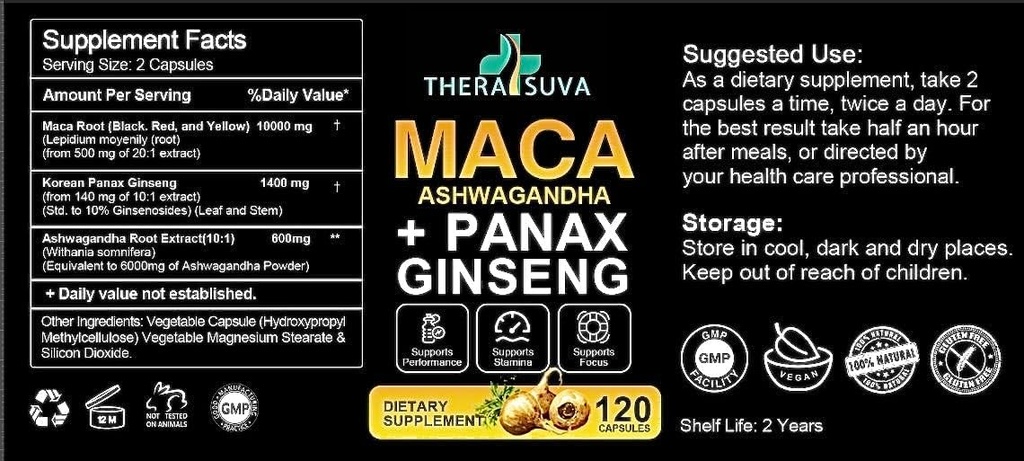 3 en 1 Ashwagandha + Maca Root + Panax Ginseng - Supplément naturel pour l'énergie, l'endurance et le stress support, 120 Softgels