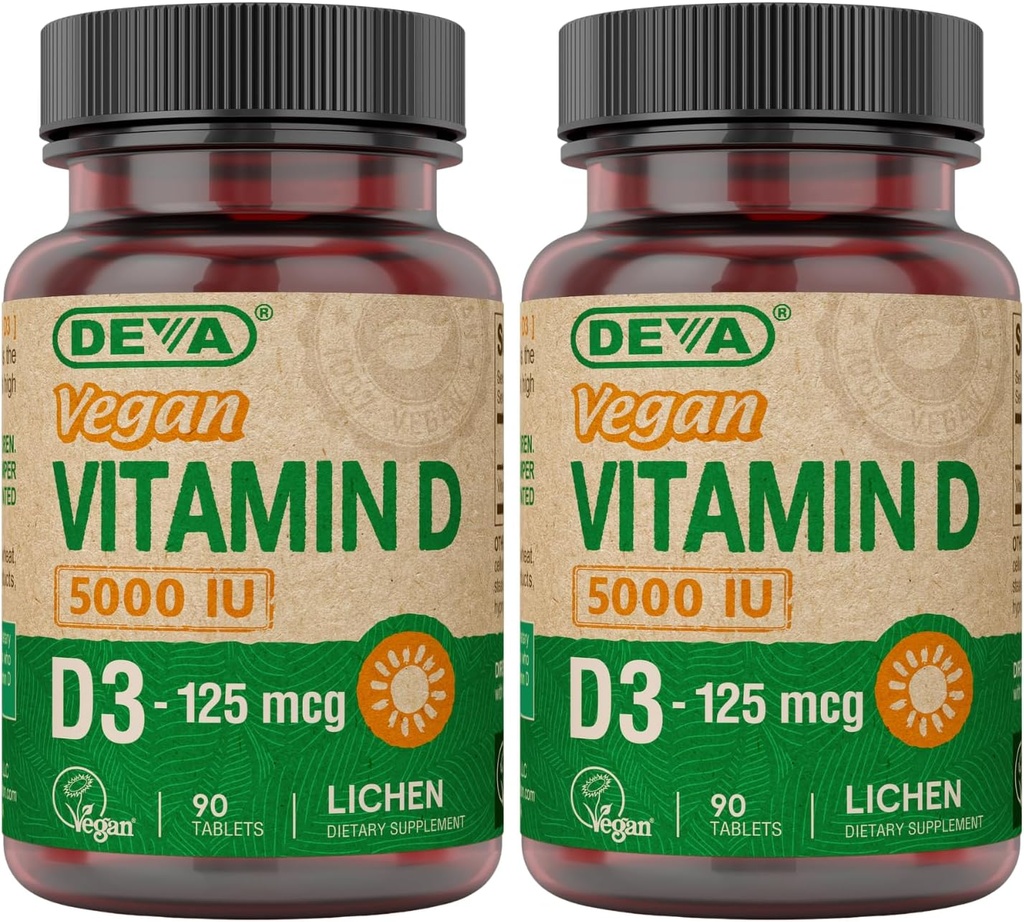 DEVA Vitamine D3 5000 UI, Supplément soleil, 125 mcg de végan D3, 90-bouteille de tasse (paquet de 2)