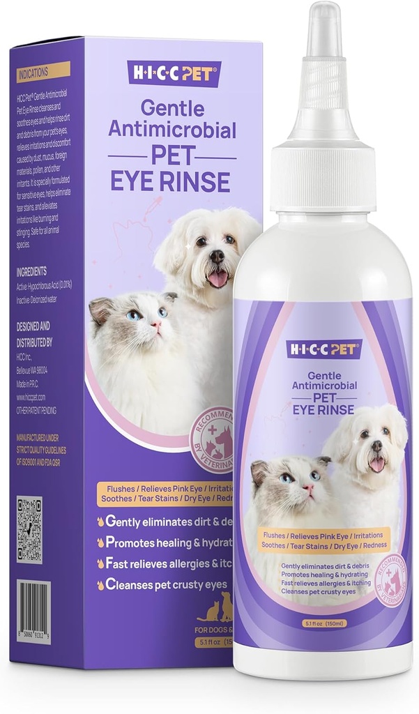 HICC PET gouttes pour les yeux de chien 5,1 fl oz gouttes pour les chiens et les chats Vet-Recommandé traitement de l'infection pour les yeux de chien pour apaiser l'allergie infectieuse, soulager les yeux secs yeux roses, Pet Tear Stain Cleaner