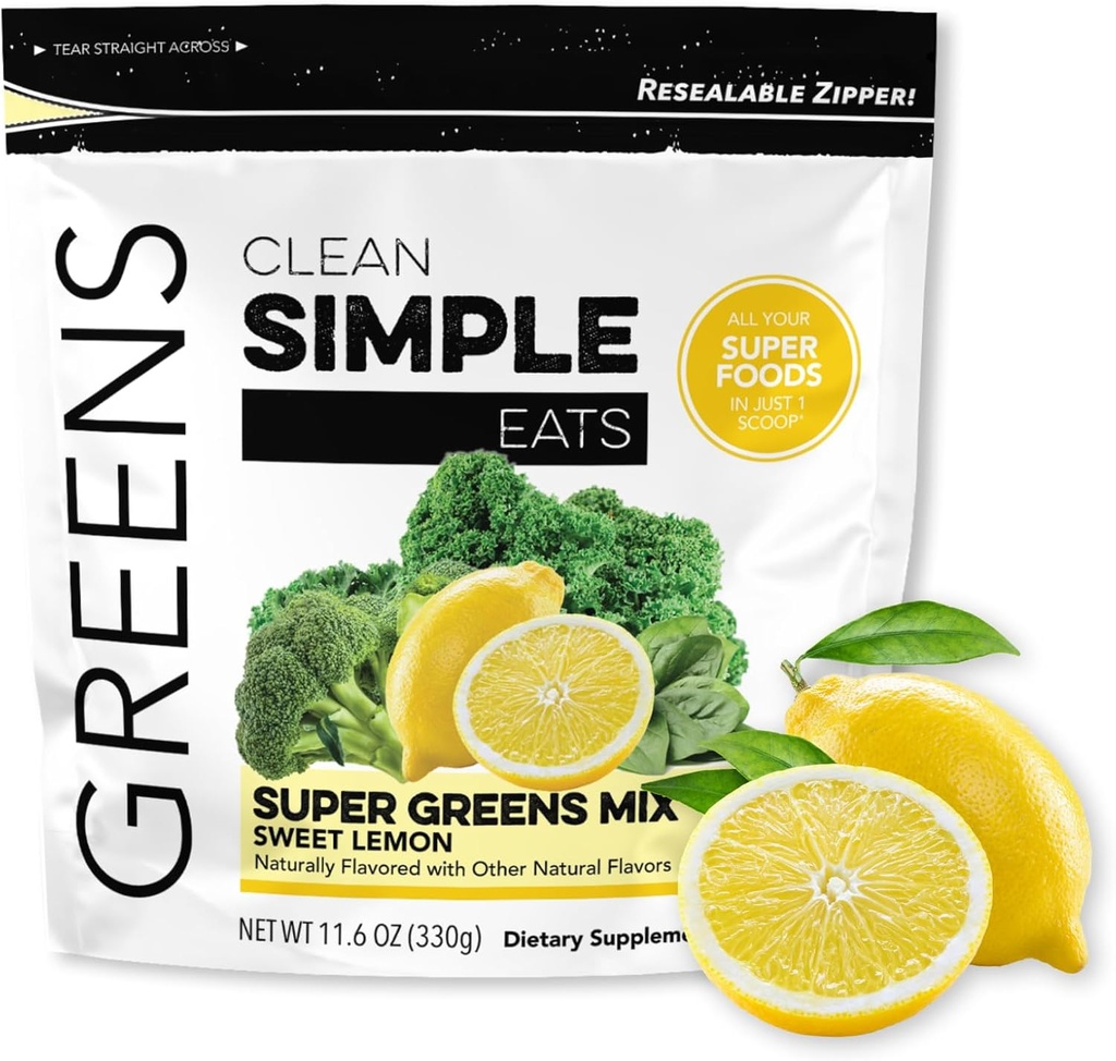 Clean Simple Eats Super Greens Powder, Naturally Flavored Greens Powder with Chlorella, Spirulina, Superfoods & Prebiotic Fiber, No Artificial Ingredients, Gluten Free, Sweet Lemon Flavor, 30 Servings