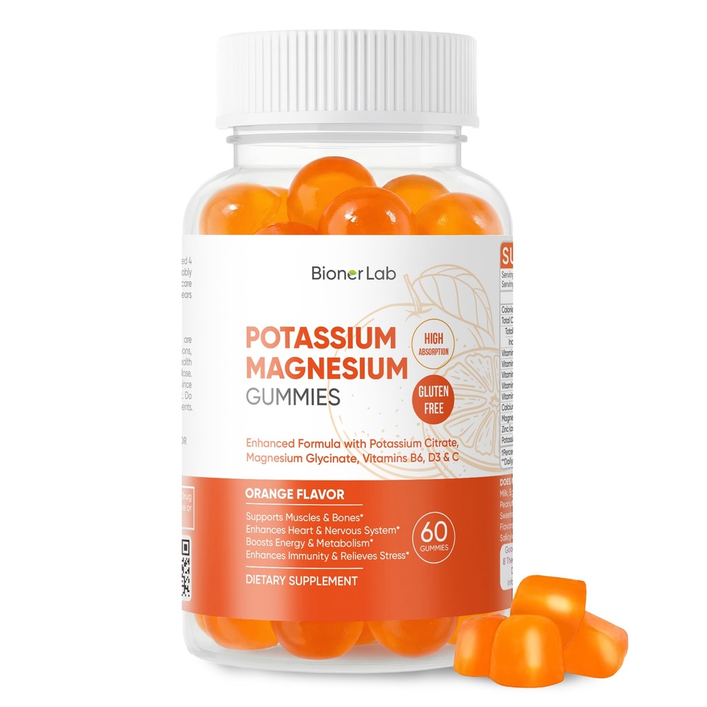 BionerLab Potassium Magnésium Gommies avec vitamine D3 B6 C - Haute absorption Potassium 99mg Magnésium Glycinat 250mg Suppléments à croquer pour femmes Hommes Adultes Enfants