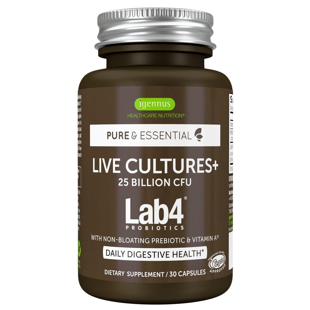 Igennus Probiotics & Prebiotic 2 in 1, Lactobacillus Acidophilus & Bifidobacterium, Gut Health Support, Live Cultures+ Lab4, garantie 25 milliards CFU, femmes et hommes, non flottants, non OGM, 30 capsules