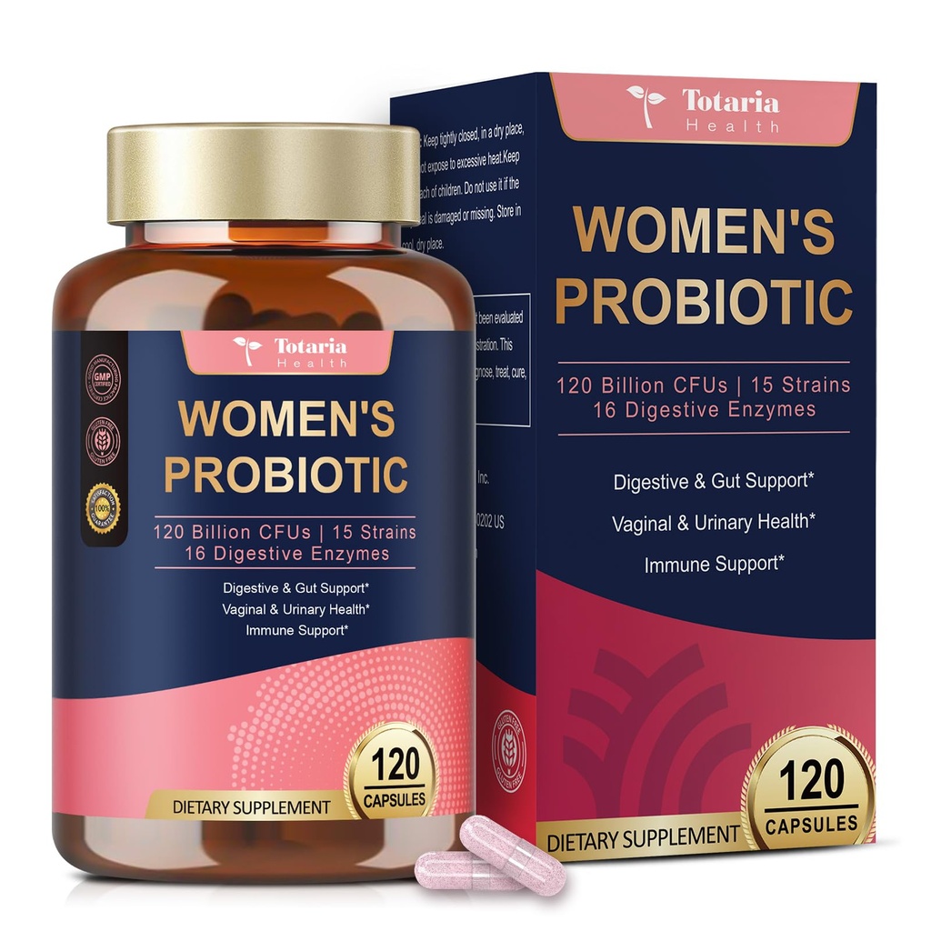 Totaria Probiotiques pour les femmes, 120 milliards de femmes probiotiques, avec Akkermansia, enzymes digestives et prébiotiques, canneberge, D-mannose, pour Gut, vaginal, urinaire, immunitaire, équilibre PH, 120 Capules végétaliennes