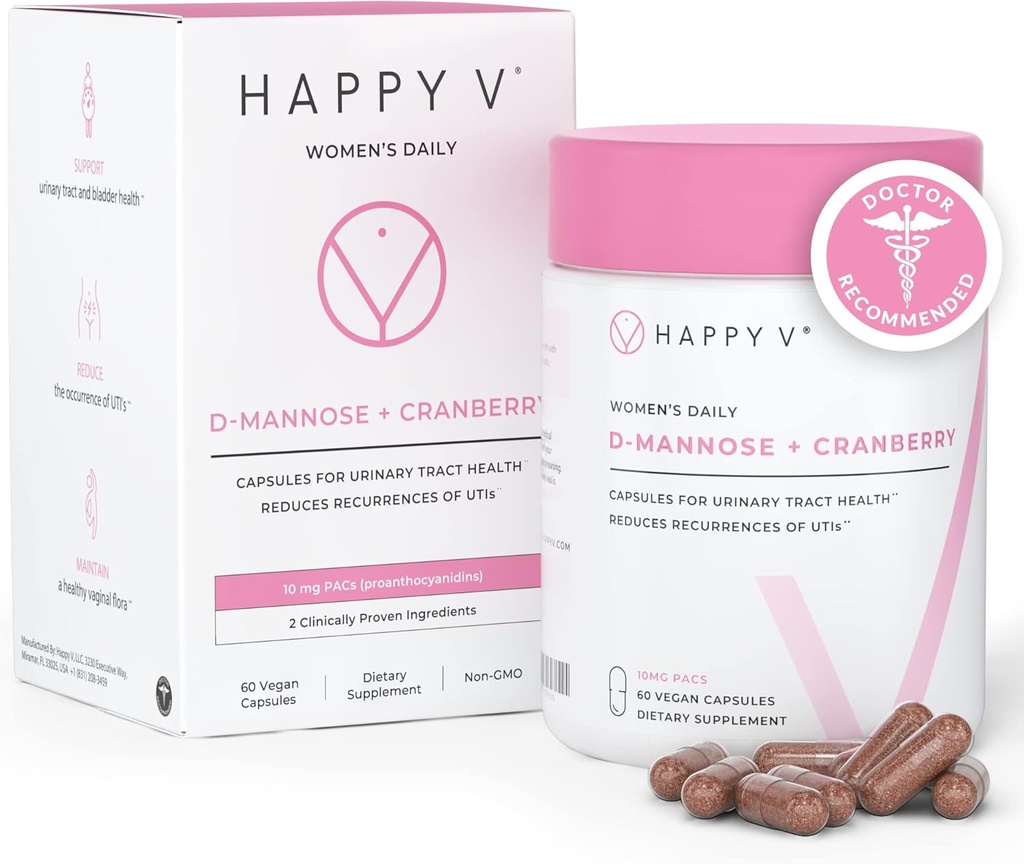 Happy v Dr. Formulé D-Mannose avec des pilules de canneberge pour les femmes Cranberry pour les infections urinaires et D poudre de mannose pour la prévention des infections UTI, Bladder & Urinary Tract Santé et harmonie