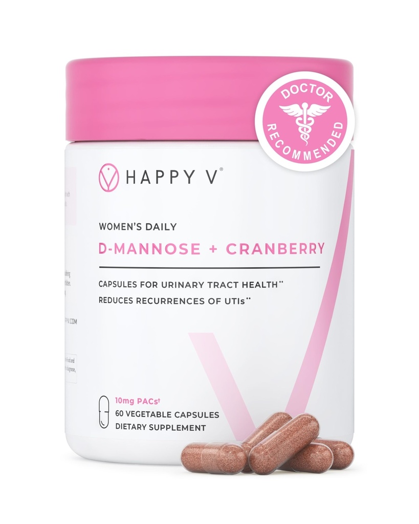 Happy v Dr. Formulé D-Mannose avec des pilules de canneberge pour les femmes Cranberry pour les infections urinaires et D poudre de mannose pour la prévention des infections UTI, Bladder & Urinary Tract Santé et harmonie
