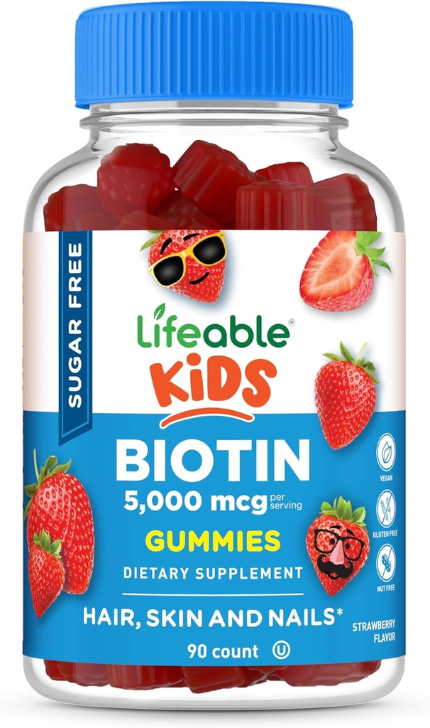 Lifeable Sugar Free Kids Biotin Gummies | 5000mcg | Great Tasting Biotin Supplement | Biotin Gummies for Hair Growth, Skin and Nail Health | Hair Vitamins for Kids, Boys, Girls | 90 Gummies