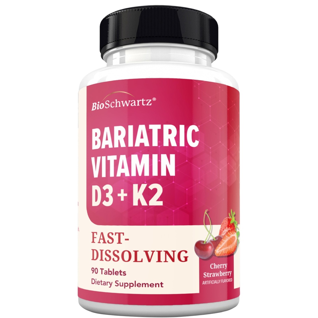 BioSchwartz Bariatric D3 K2 Dissolvable Tablets - 90 Cherry-Strawberry Tablets - Supports Bone Strength - Bariatric Vitamins for Women with Vitamin D3 5000 IU - Third Party Tested, 90 Servings