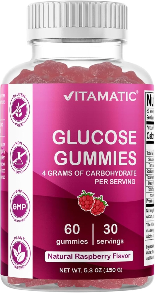 Gummées à croquer de Glucose Vitamatique - 60 Compte - Flaveur de framboise naturelle - 4G de glucides par portion (1 bouteille)