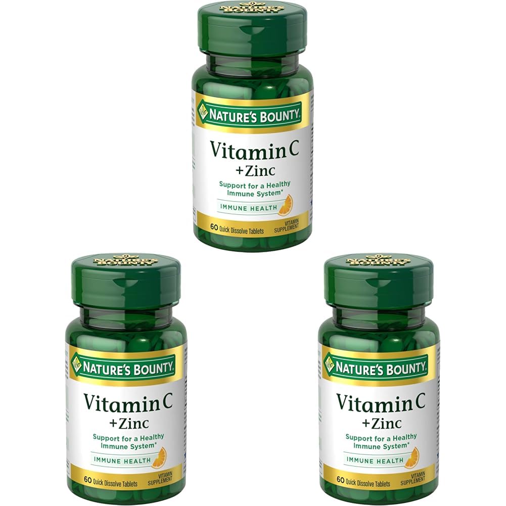 Nature's Bounty Vitamine C + Zinc, supplément de vitamine, soutient la santé immunitaire, 60 mg, 60 comprimés (paquet de 3)
