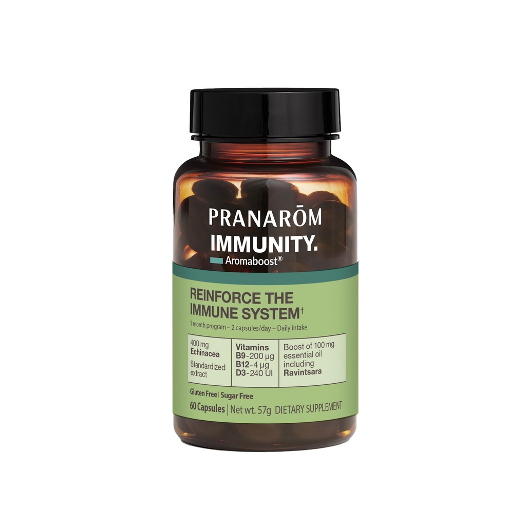 Pranarom - Supplément à base de plantes Aromaboost Immunity - Cumin noir, Echinacea, Vitamines B9, B12, D3, Huile essentielle de Ravintsara pure pour le soutien immunitaire - 60 capsules