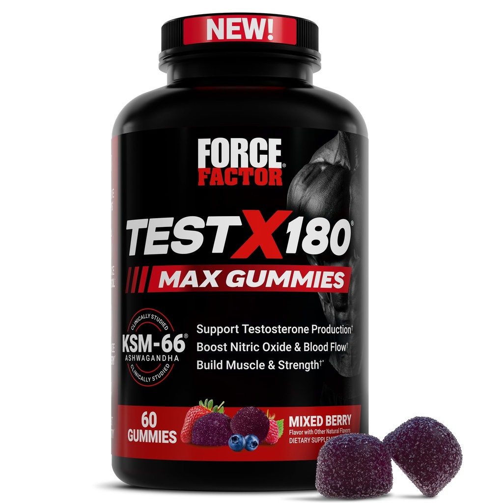 Force Factor Test X180 Max Gummies, Testosterone Booster Supplement for Men, with KSM-66 Ashwagandha to Support T Levels, Strength & Vitality, Mixed Berry, 60 Gummies
