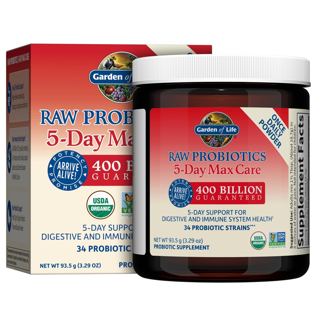 Jardin de la vie Probiotiques crus Soins 5 jours max - 400 milliards UFC - Poudre probiotique pour le soutien digestif et immunitaire - Banane, 5 portions