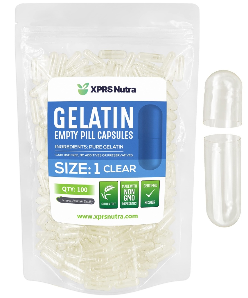 XPRS Nutra Size 1 Capsules vides - 100 Capsules de gélatine vides de compte - Capsules de pilules vides - Remplissage de gélules de bricolage - Capsules de pilules pures de bovins remplissables