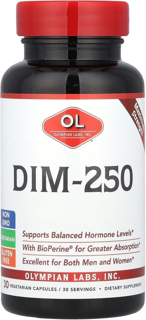 Olympian Labs DIM Supplement 250mg with BioPerine® – 30 Capsules – Supports Healthy Estrogen Metabolism, Hormonal Balance & Overall Wellness for Men and Women