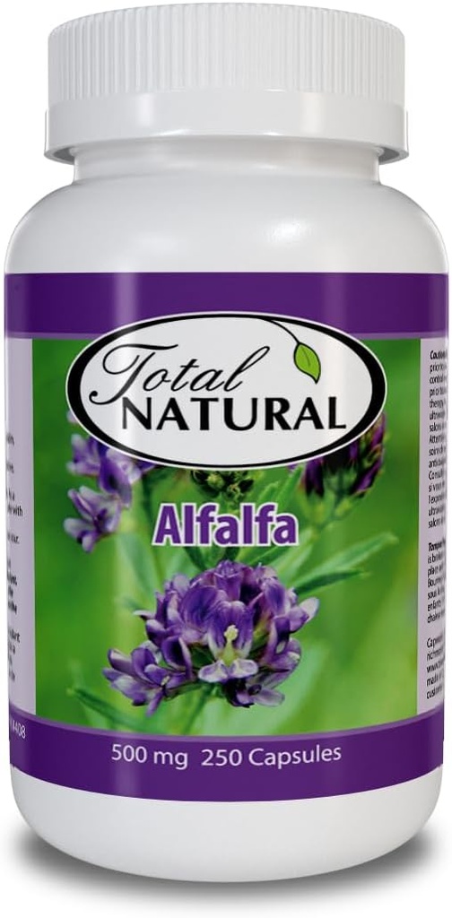 Supplément naturel d'alfalfa 500mg 250 capsules [1 bouteilles], riche en vitamines et minéraux traces, favorise l'énergie et la vitalité, favorise la santé digestive