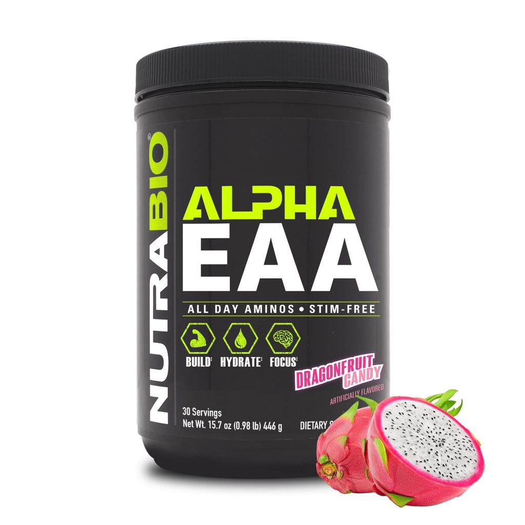 NutraBio Alpha EAA - All-Day Amino Acids for Muscle Growth and Hydration - Essential Amino Acids with Nootropics & Adaptogens- Full Spectrum EAA BCAA Powder - 30 Servings - Dragon Fruit