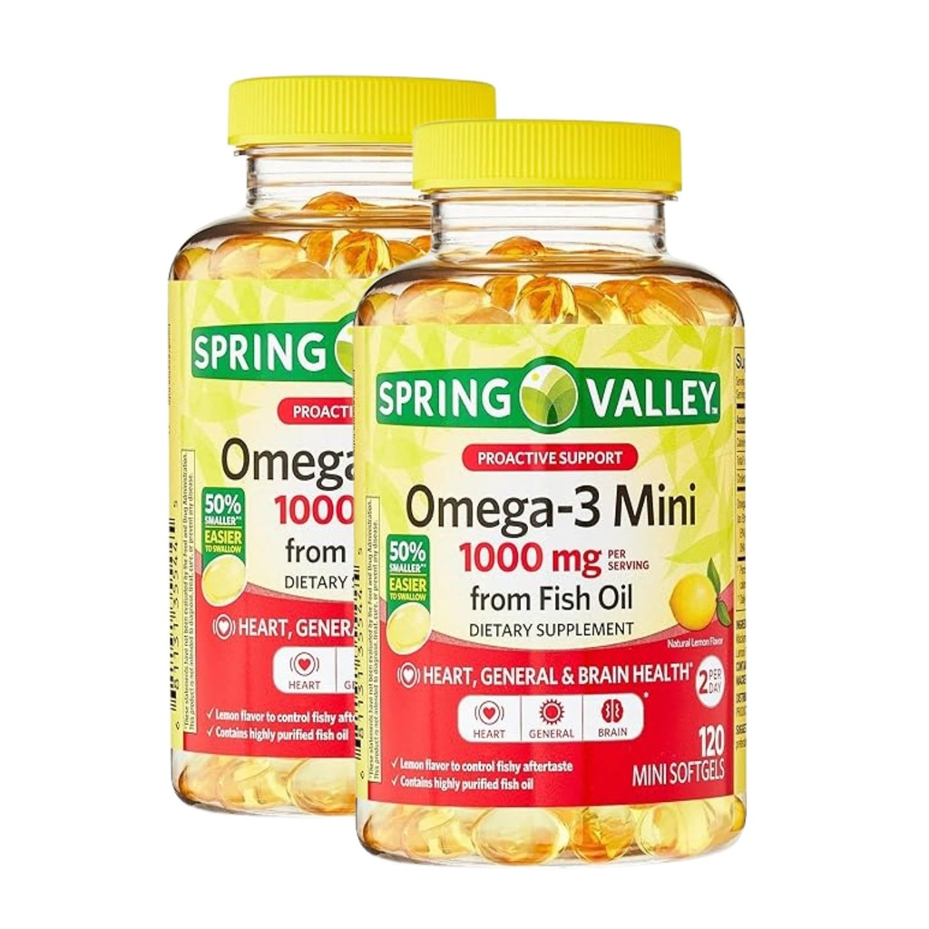 Omega 3 Mini 1000mg de l'huile de poisson – 120 Softgels, huile de poisson au citron Omega 3 suppléments avec EPA DHA, supplément acide gras, facile à avaler (paquet de 2)